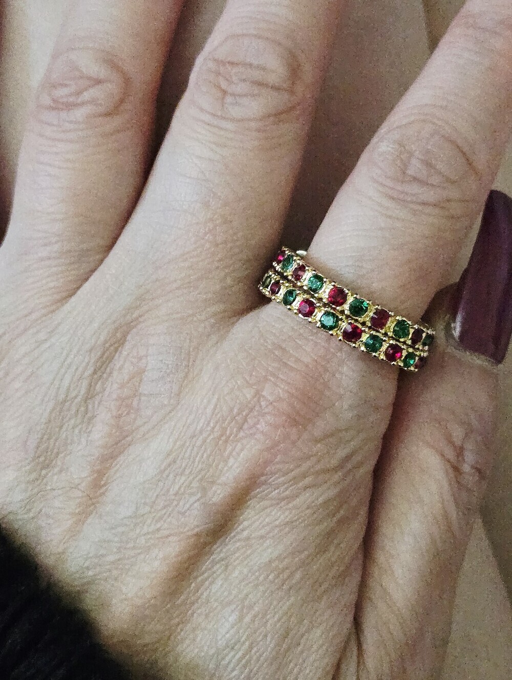 Vintage Gold Tone Hoop Earrings with Red and Green Stones - Picture 3 of 16